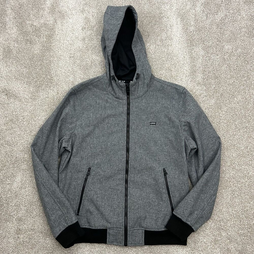 Levis Soft Shell Jacket Men's Size Medium Gray‎ Hooded Full Zip Outdoors
